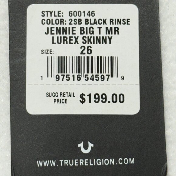True Religion Women's Jennie Big T Mid Rise Lurex Black Skinny Jeans Size 26 NWT - Picture 5 of 11